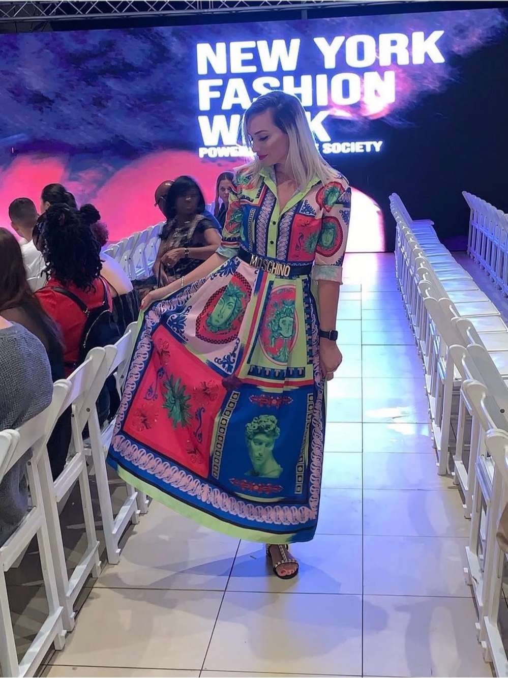 AKIRA Multicolor Graphic Maxi Shirt Dress in Pink, Blue & Green